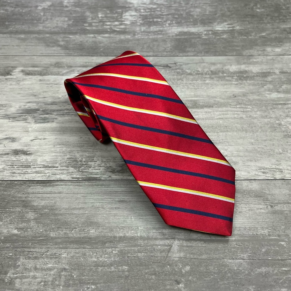 Calabrum Red w/ Navy, Gold & White Stripe Skinny Tie